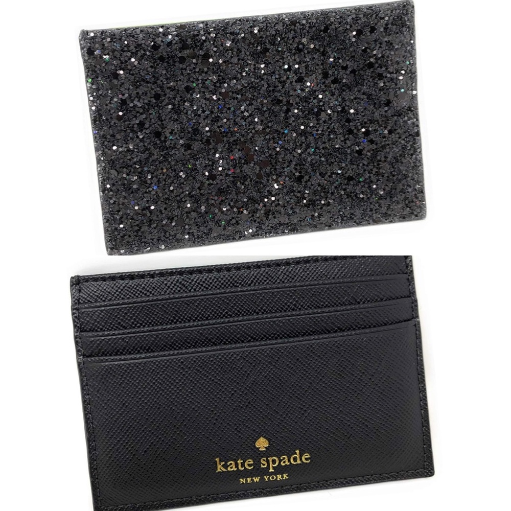 Kate Spade Greta Court Graham Black Glitter Card Holder Wallet WLRU5200